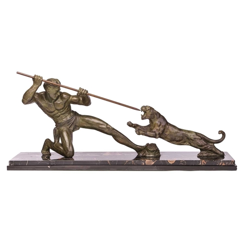 194 - After Salvatore Melani, (1902-1934) Italian, an Art Deco bronze group, modelled as a classical hunte... 