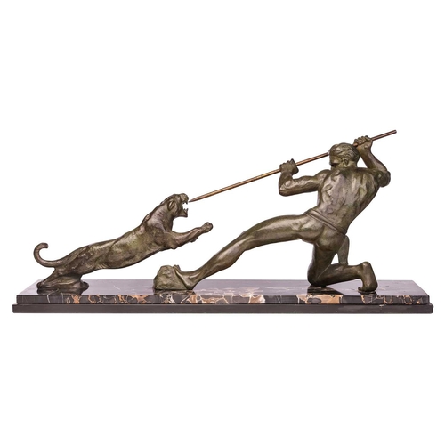 194 - After Salvatore Melani, (1902-1934) Italian, an Art Deco bronze group, modelled as a classical hunte... 
