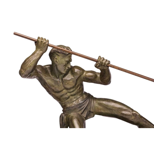 194 - After Salvatore Melani, (1902-1934) Italian, an Art Deco bronze group, modelled as a classical hunte... 