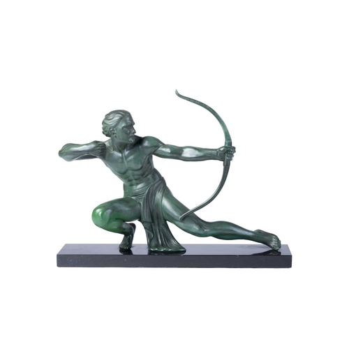 195 - A French sculptural figure of a kneeling archer, second quarter of the 20th century, cast in patinat... 