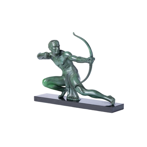 195 - A French sculptural figure of a kneeling archer, second quarter of the 20th century, cast in patinat... 