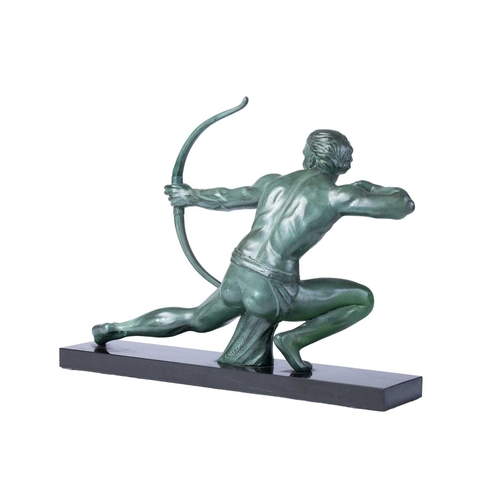 195 - A French sculptural figure of a kneeling archer, second quarter of the 20th century, cast in patinat... 