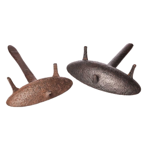 203 - Two 18th century Irish or Kentish cast iron down-hearth Grisset Pans, of traditional skillet form, t... 