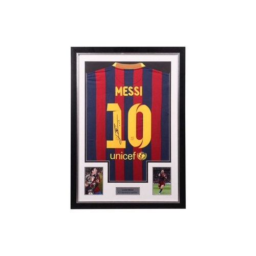 221 - Lionel Messi, a signed Barcelona framed football shirt, the autograph in black marker to the rear nu... 