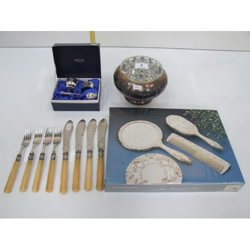 4 - 4 items silverplate dressing table set,bowl,christening gift set,cutlery