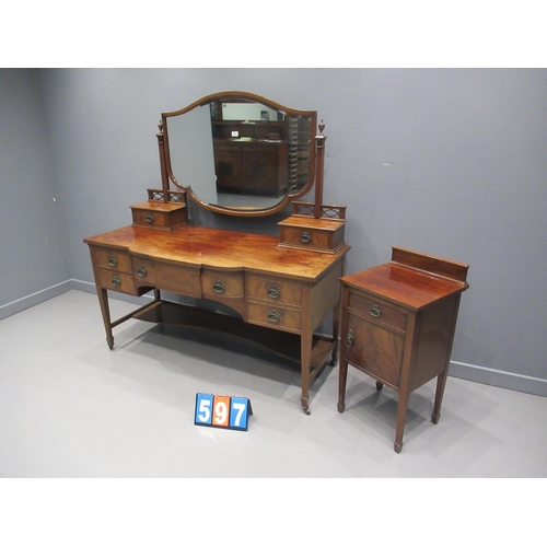 597 - wearing and gillow edwardian mahogany dressing table and matching bedside cabinet