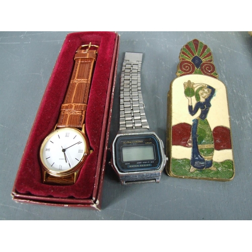 161 - Box collectables inc brass compass, leather wallets old moneybox & key etc