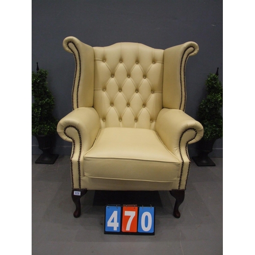 470 - Leather chesterfield wing back chairs