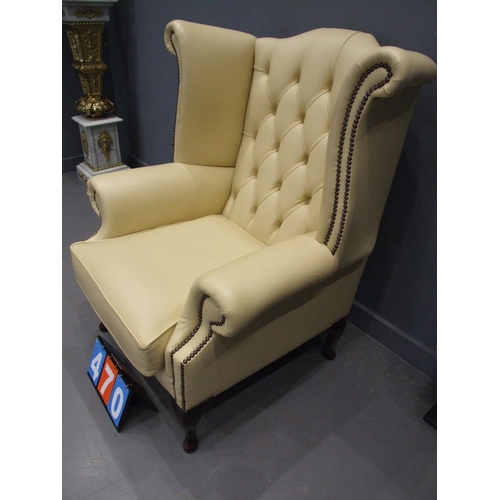 470 - Leather chesterfield wing back chairs