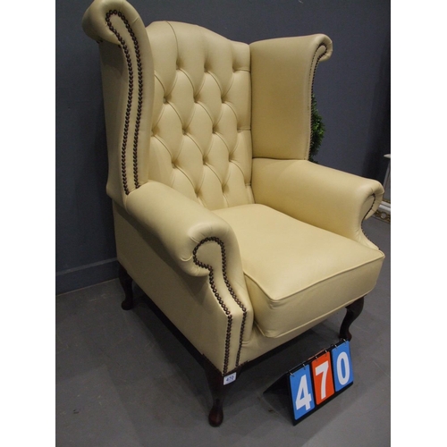 470 - Leather chesterfield wing back chairs