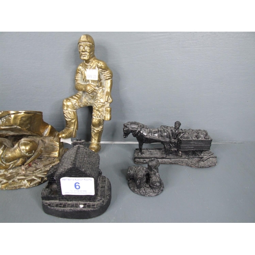 6 - 2 Heavy brass miners figures + coal figures