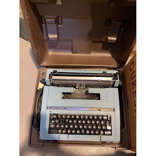 61 - Stick stand, typewriter, linen box, lamp & books