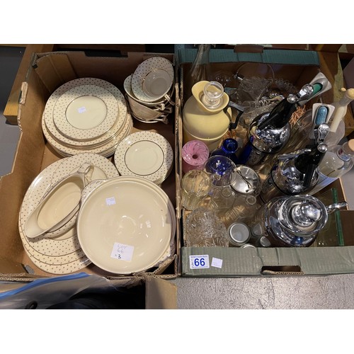 66 - Box dinnerware + soda siphons etc