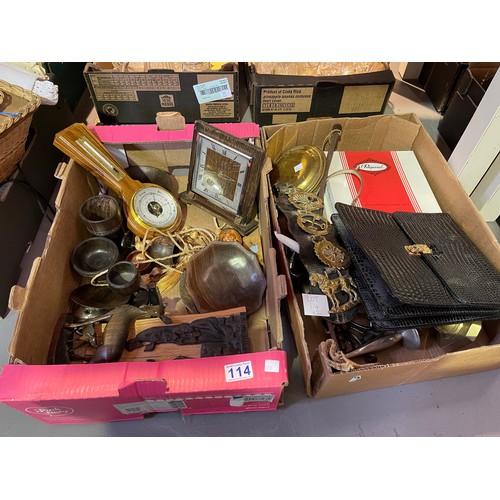 114 - 2 Boxes misc treen etc inc horse brass