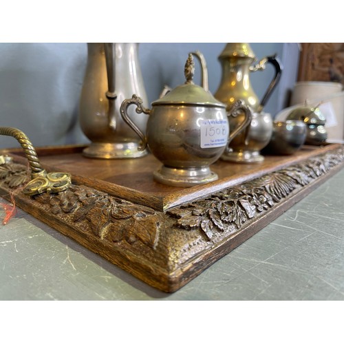 150b - Large oak vintage butlers tray & metal tea ware