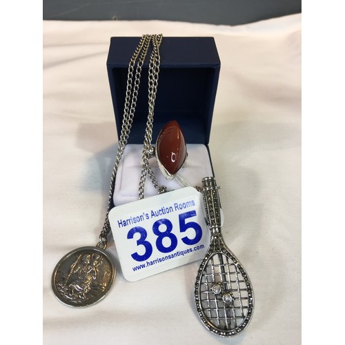 385 - Silver st Christopher & chain + silver ring+ silver tennis racket 37g