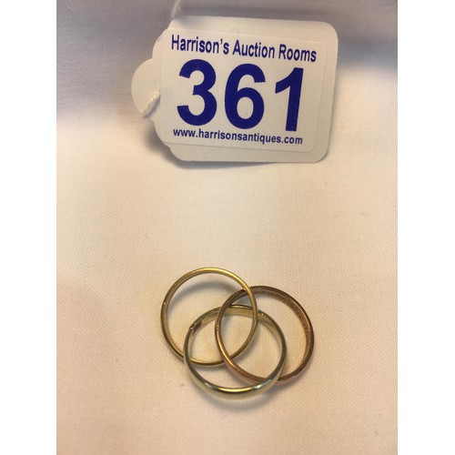361 - 9ct 3 coloured gold ring size J 5.3g