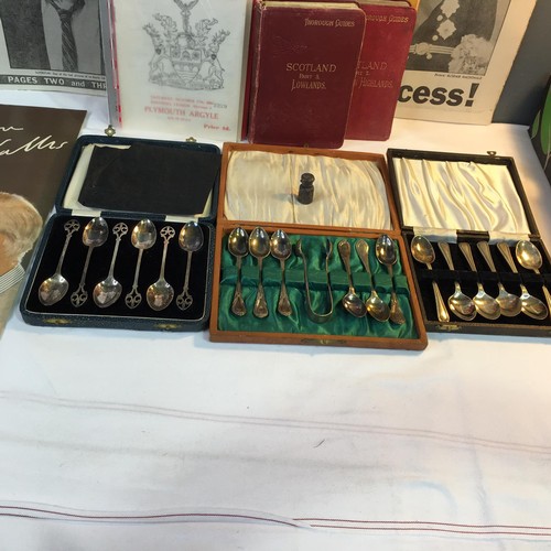402 - Silver miniature pot 1980/81 old newspapers, boxed spoons + football programs