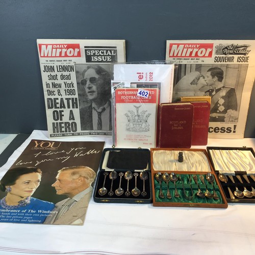 402 - Silver miniature pot 1980/81 old newspapers, boxed spoons + football programs