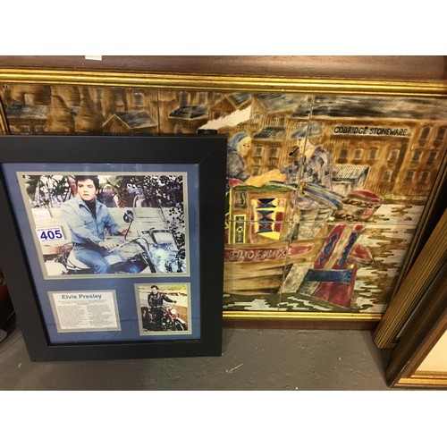 405 - Elvis Presley photos in frame + colbridge stone ware tiled picture
