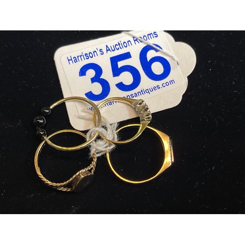 356 - 4 9ct Gold rings 3 size O 1 size H 5.9g in total
