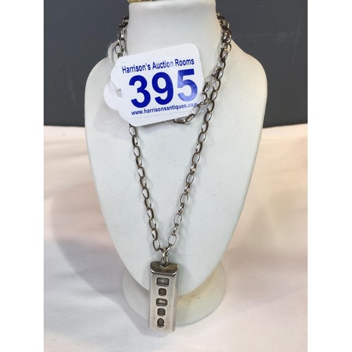 395 - Silver bullion bar & chain 37.9g