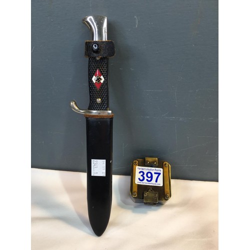 397 - German knife in sheath + brass compass