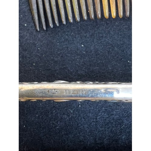 110 - Silver brush, mirror comb set + hair comb