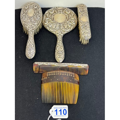 110 - Silver brush, mirror comb set + hair comb