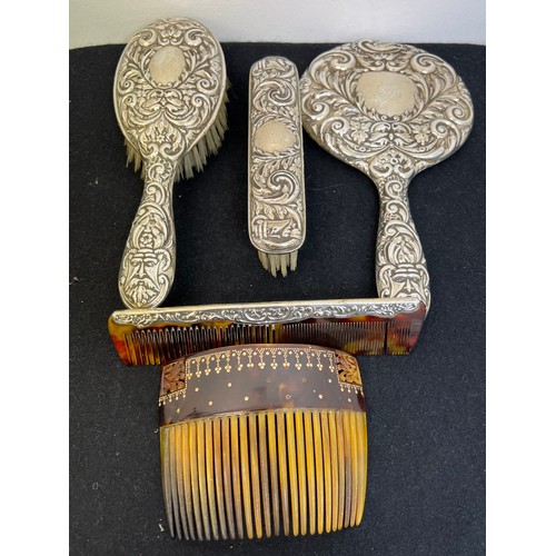 110 - Silver brush, mirror comb set + hair comb