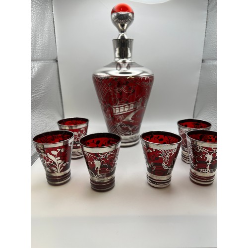 15b - Silver decorated decanter & 6 glasses