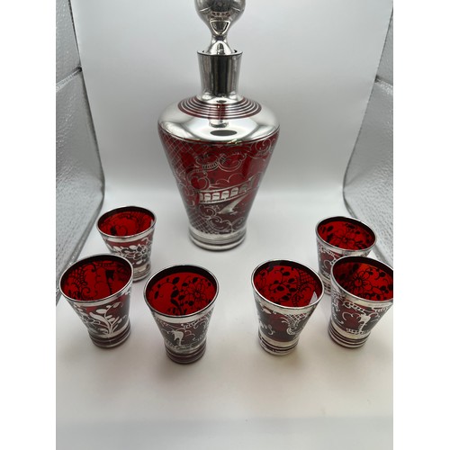 15b - Silver decorated decanter & 6 glasses