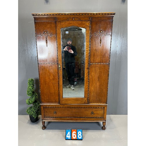 468 - Antique oak mirror fronted wardrobe