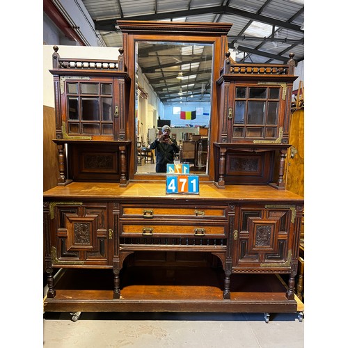 471 - Large arts & crafts mirror back sideboard (moulding missing)