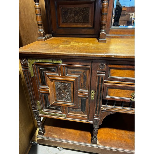 471 - Large arts & crafts mirror back sideboard (moulding missing)