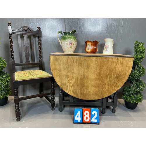 482 - Oak drop leaf table + barley twist chair 2 jugs + planter