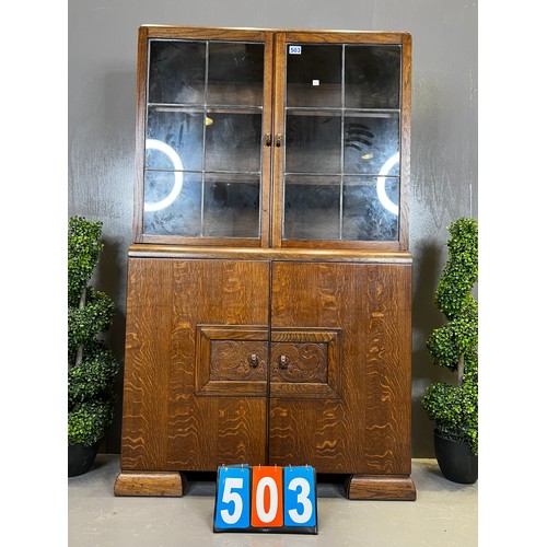 503 - Art deco oak leaded glass bookcase