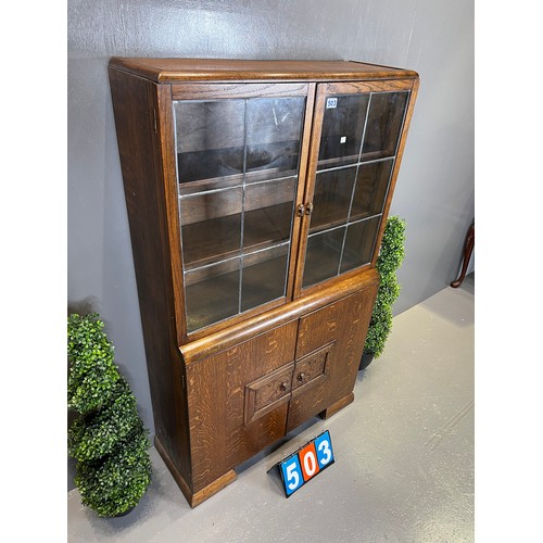 503 - Art deco oak leaded glass bookcase