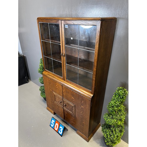 503 - Art deco oak leaded glass bookcase