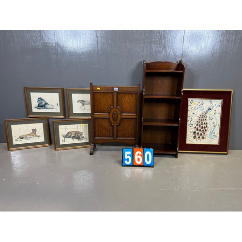 560 - Oak waterfall bookcase + fire screen + pictures