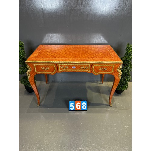 568 - French walnut & gilt desk good ormalou mounting