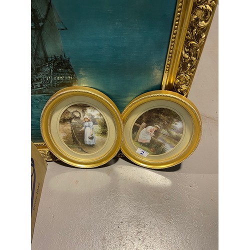 2 - Box metal ware + 2 oval pictures + large 'ship' picture