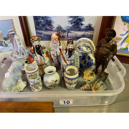 10 - Tray oriental figures etc + pictures