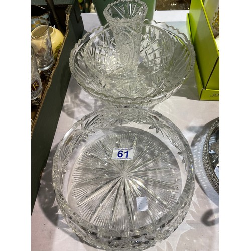 61 - 3 cut glass Bowls + Vase