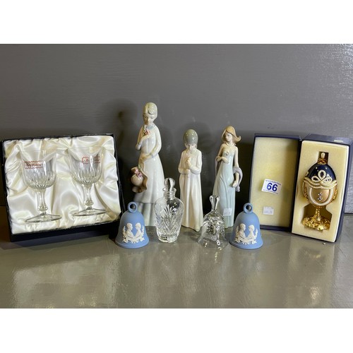 66 - Lladro figure, Wedgewood bells etc