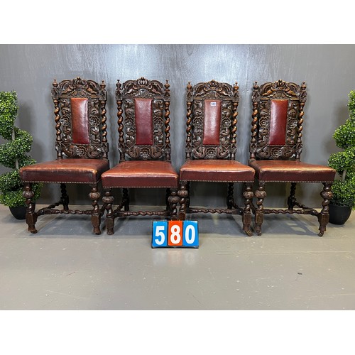 580 - Set of Victorina barley twist chairs ( worn leather )