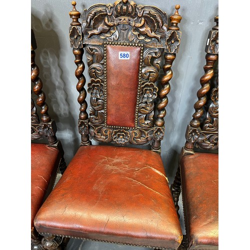 580 - Set of Victorina barley twist chairs ( worn leather )