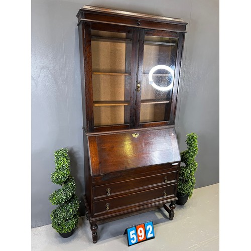 592 - Oak bureau/bookcase (new back)