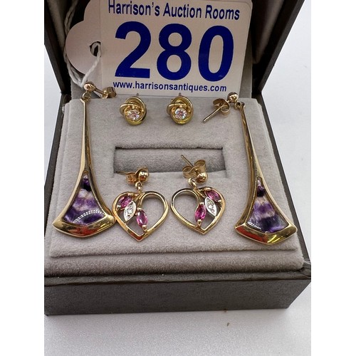 280 - 3 Pair 9ct gold Earrings 6.9g total