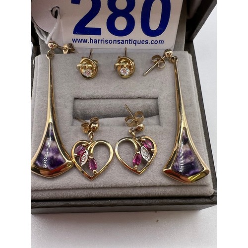 280 - 3 Pair 9ct gold Earrings 6.9g total